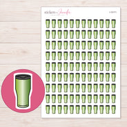 Green Travel Tumbler Planner Stickers | I-10171 — 5 × 7 inch sheet and enlarged sticker detail
