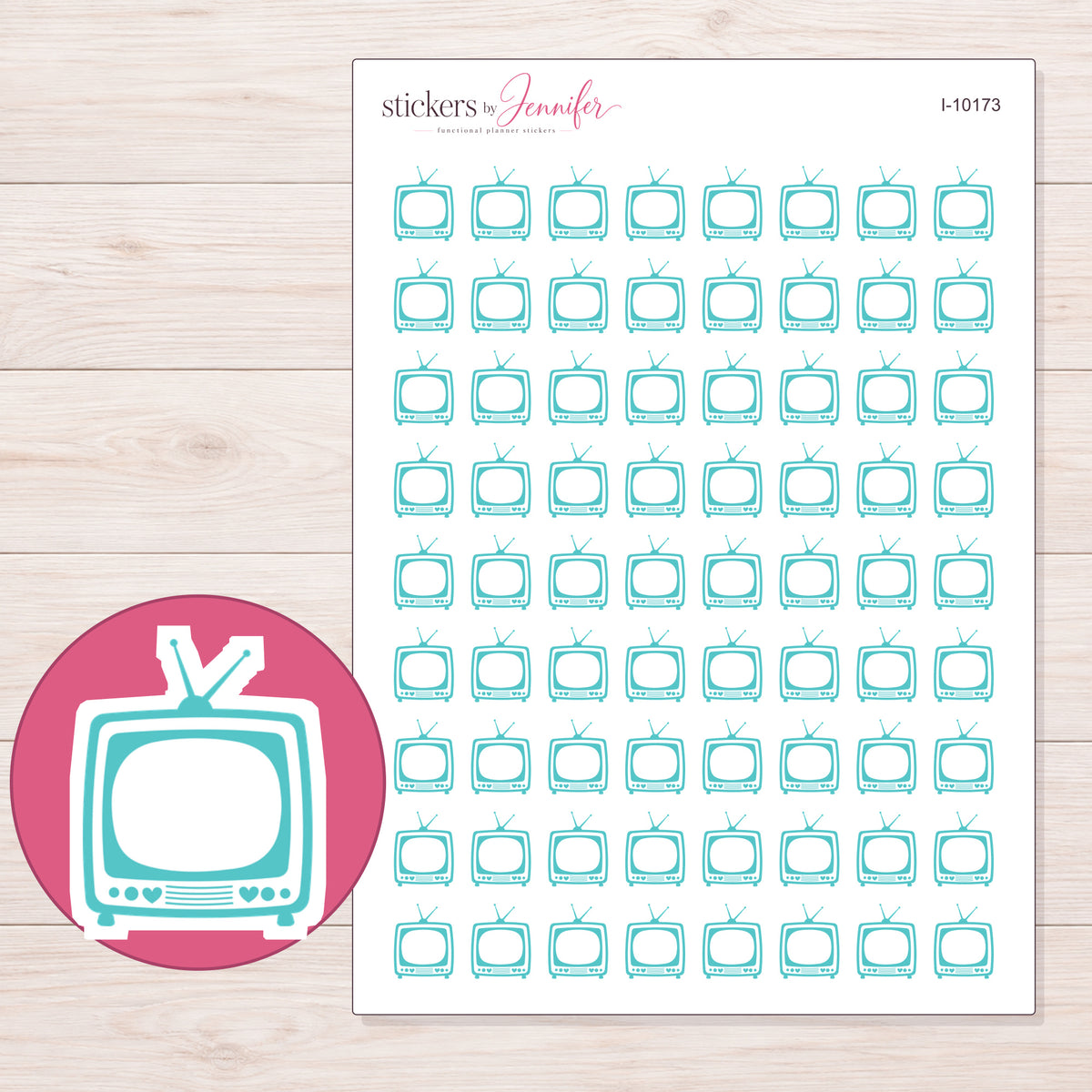 Teal Retro Television Planner Stickers | I-10173 — 5 × 7 inch sheet and enlarged sticker detail