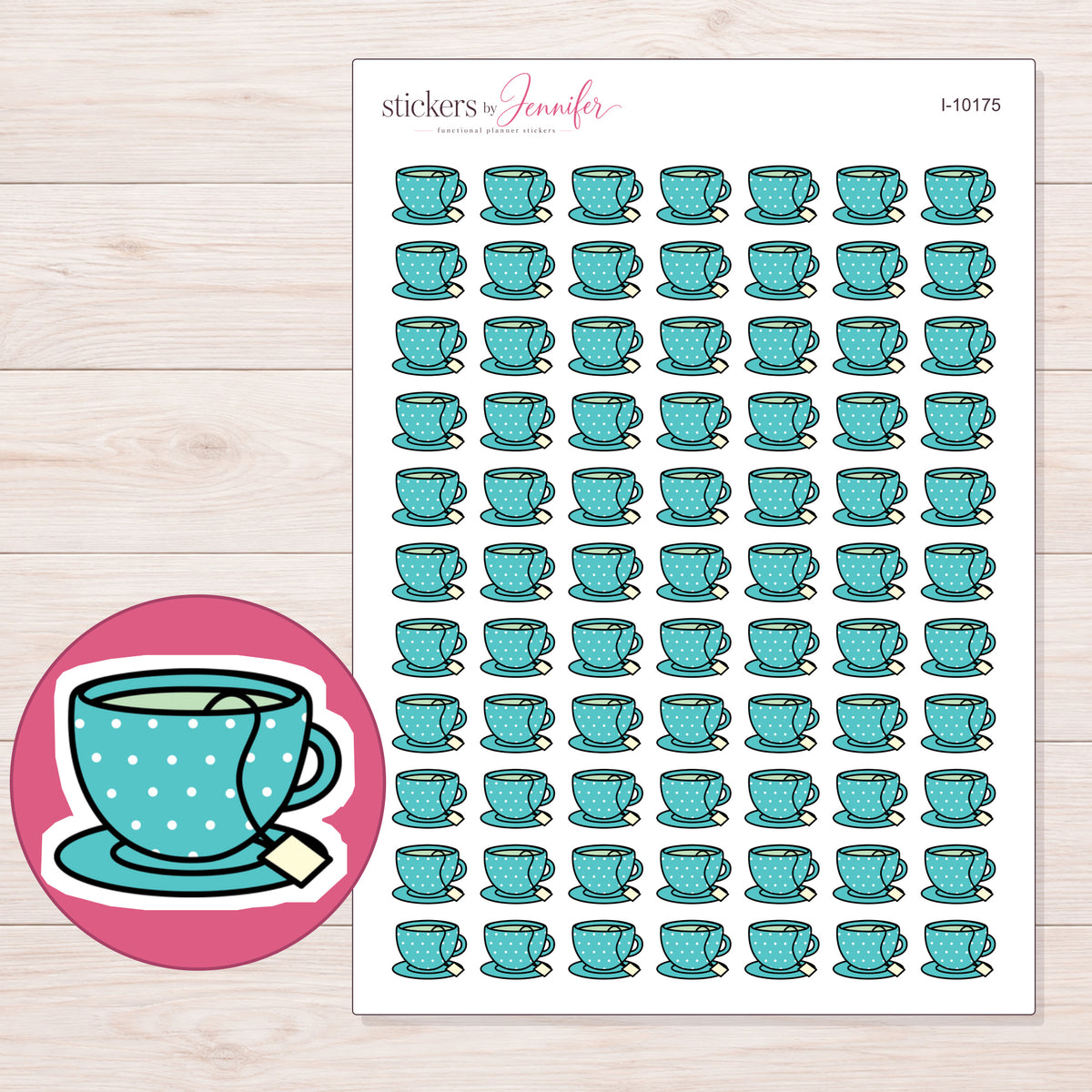 Teal Polka Dot Teacup Planner Stickers | I-10175 — 5 × 7 inch sheet and enlarged sticker detail