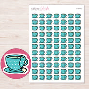 Teal Polka Dot Teacup Planner Stickers | I-10175 — 5 × 7 inch sheet and enlarged sticker detail