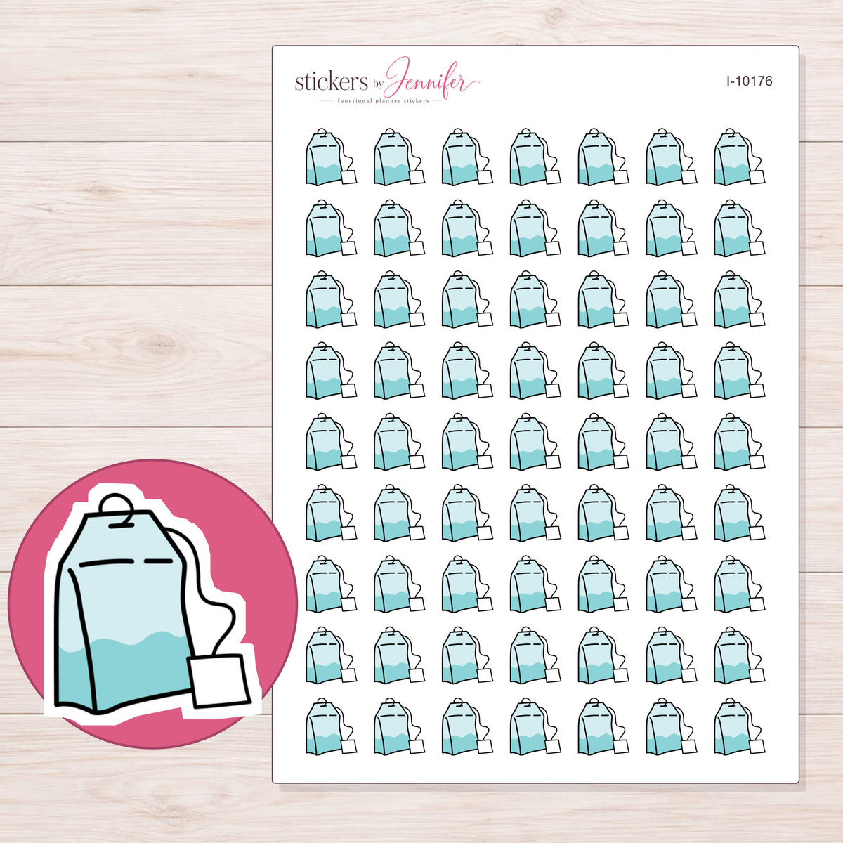 Teal Tea Bag Planner Stickers | I-10176 — 5 × 7 inch sheet and enlarged sticker detail