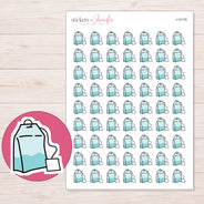 Teal Tea Bag Planner Stickers | I-10176 — 5 × 7 inch sheet and enlarged sticker detail