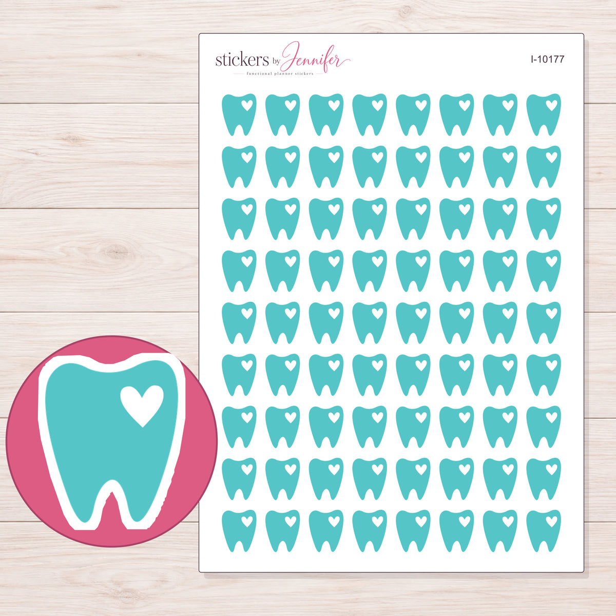 Teal Tooth with Heart Planner Stickers | I-10177 — 5 × 7 inch sheet and enlarged sticker detail