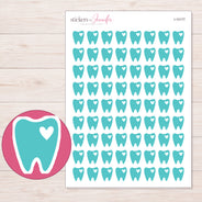 Teal Tooth with Heart Planner Stickers | I-10177 — 5 × 7 inch sheet and enlarged sticker detail