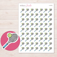 Tennis Racket and Ball Planner Stickers | I-10179 — 5 × 7 inch sheet and enlarged sticker detail