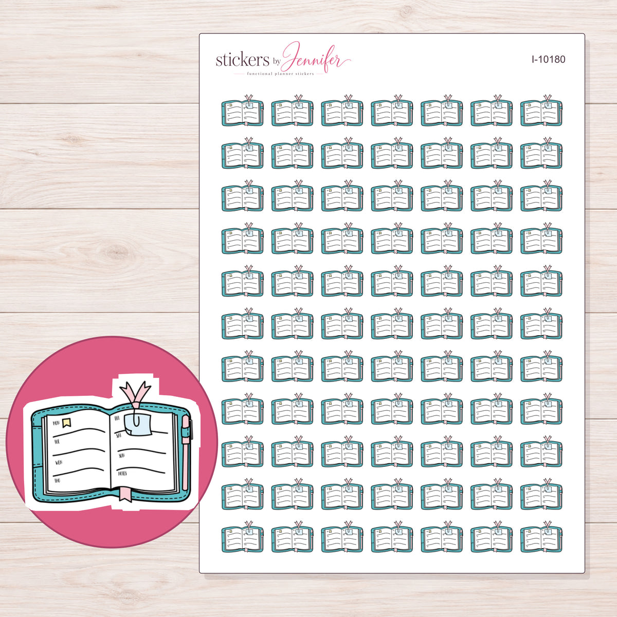 Open Planner with Bow Clip Planner Stickers | I-10180 — 5 × 7 inch sheet and enlarged sticker detail