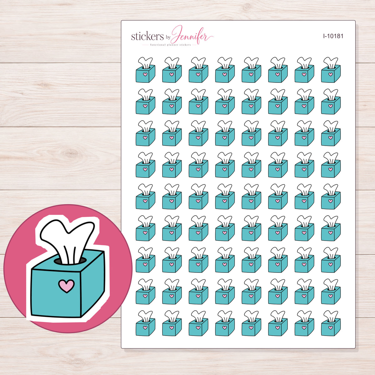 Teal Heart Tissue Box Planner Stickers | I-10181 — 5 × 7 inch sheet and enlarged sticker detail