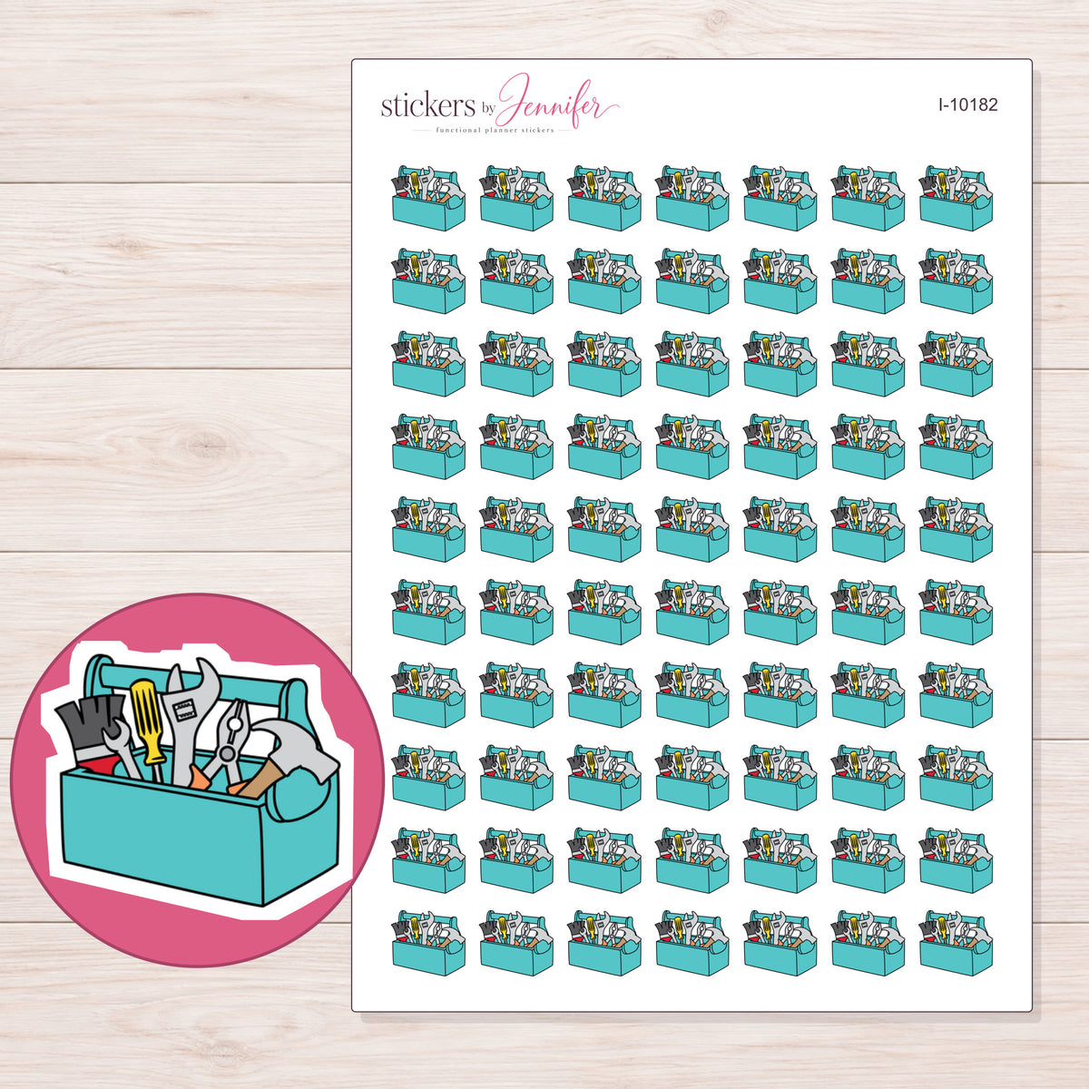 Teal Toolbox Planner Stickers | I-10182 — 5 × 7 inch sheet and enlarged sticker detail