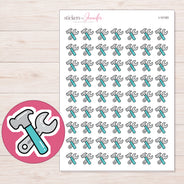 Hammer and Wrench Planner Stickers | I-10183 — 5 × 7 inch sheet and enlarged sticker detail
