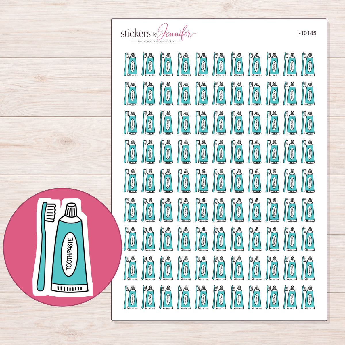 Teal Toothpaste and Brush Planner Stickers | I-10185 — 5 × 7 inch sheet and enlarged sticker detail