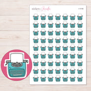 Teal Typewriter Planner Stickers | I-10188 — 5 × 7 inch sheet and enlarged sticker detail