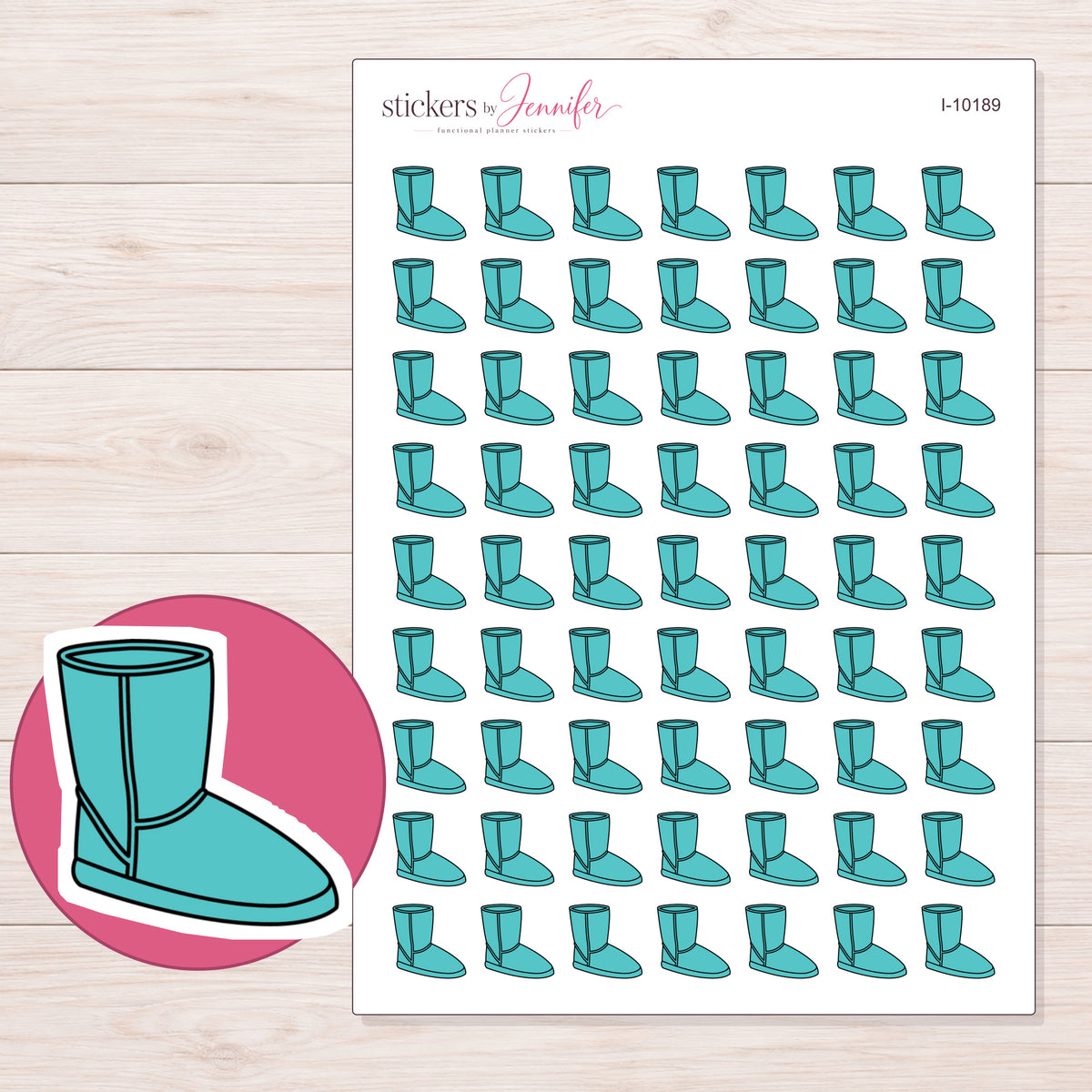 Teal Cozy Boot Planner Stickers | I-10189 — 5 × 7 inch sheet and enlarged sticker detail
