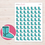 Teal Cozy Boot Planner Stickers | I-10189 — 5 × 7 inch sheet and enlarged sticker detail