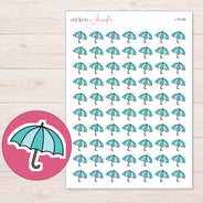 Teal Umbrella Planner Stickers | I-10190 — 5 × 7 inch sheet and enlarged sticker detail