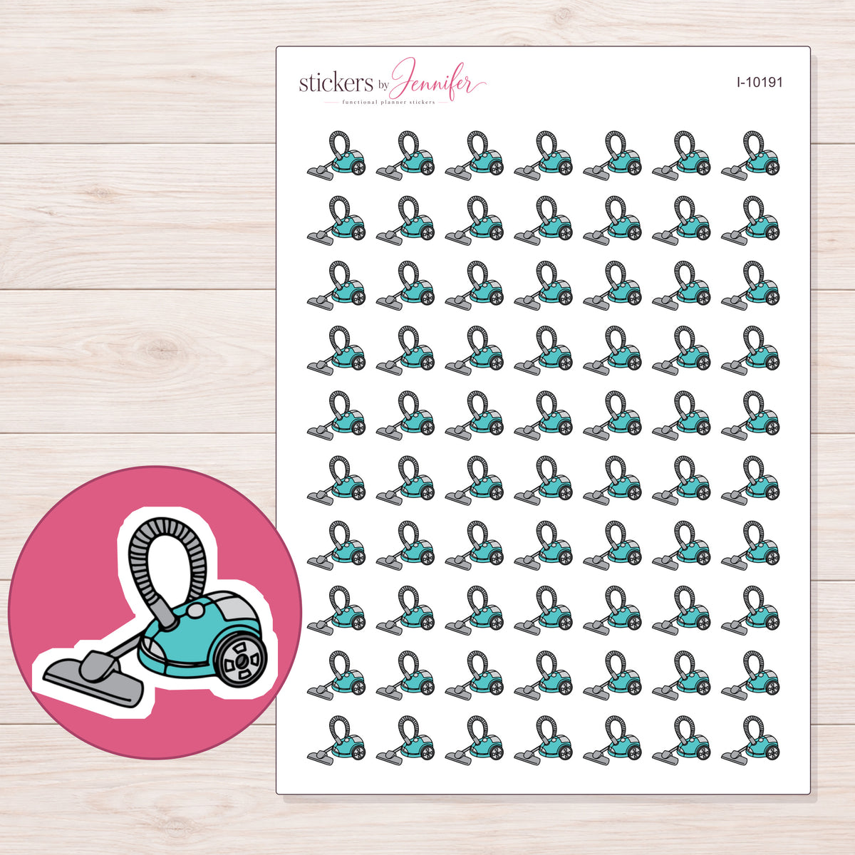 Teal Vacuum Cleaner Planner Stickers | I-10191 — 5 × 7 inch sheet and enlarged sticker detail