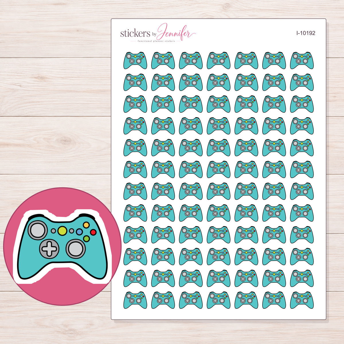 Teal Game Controller Planner Stickers | I-10192 — 5 × 7 inch sheet and enlarged sticker detail