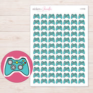 Teal Game Controller Planner Stickers | I-10192 — 5 × 7 inch sheet and enlarged sticker detail
