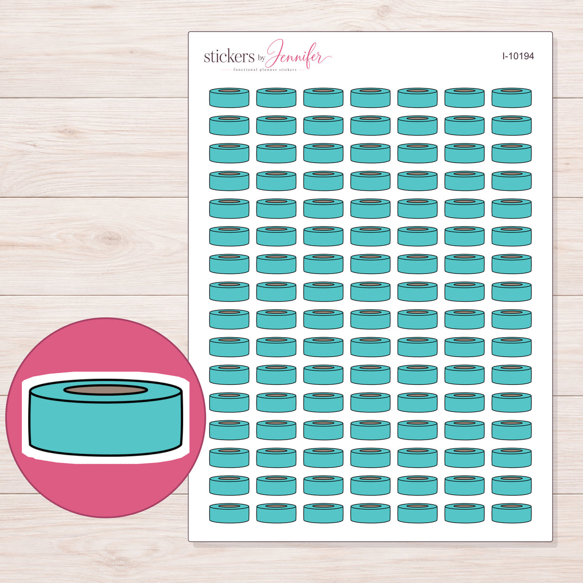 Plain Teal Washi Roll Planner Stickers | I-10194 — 5 × 7 inch sheet and enlarged sticker detail