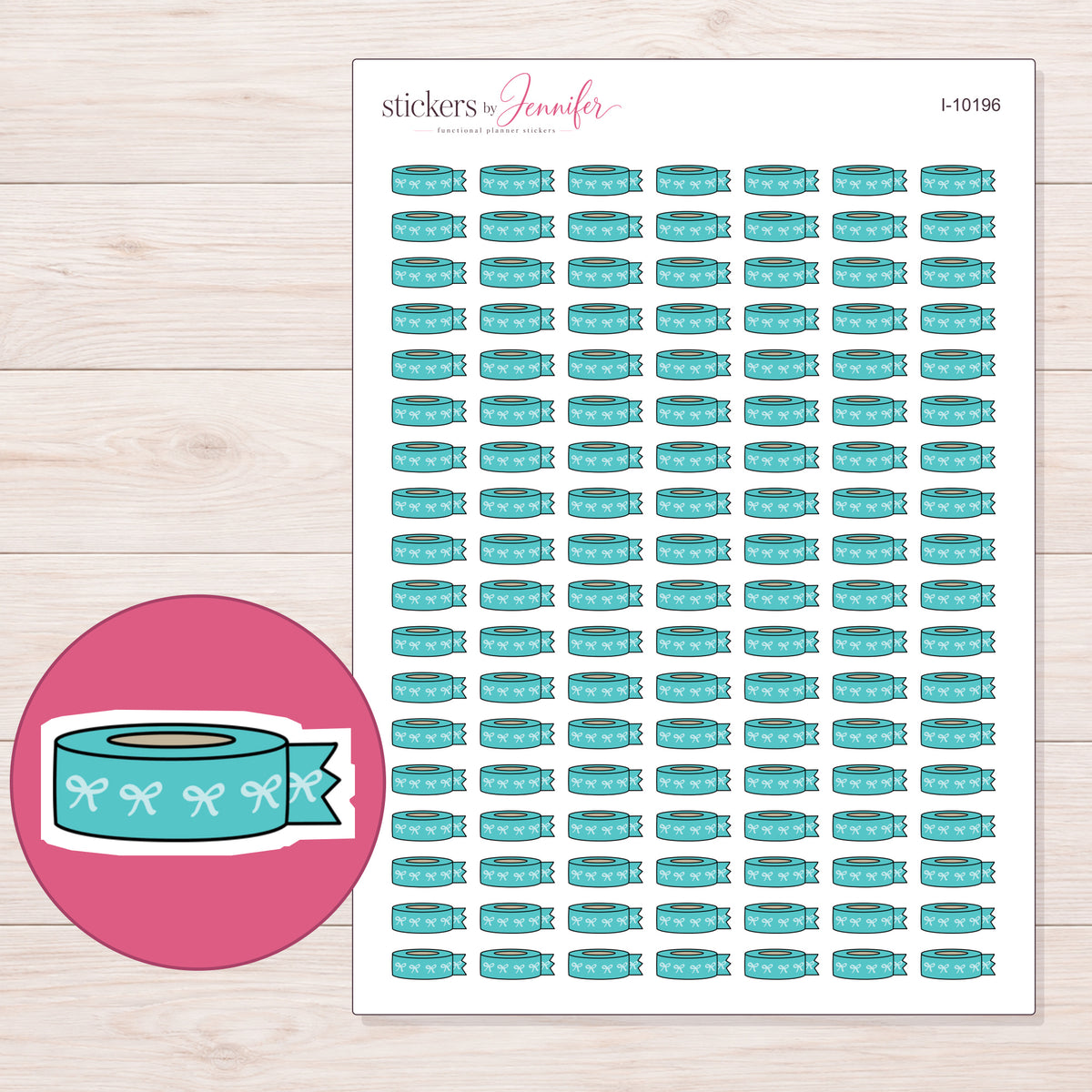 Teal Bow Washi with Loose End Planner Stickers | I-10196 — 5 × 7 inch sheet and enlarged sticker detail