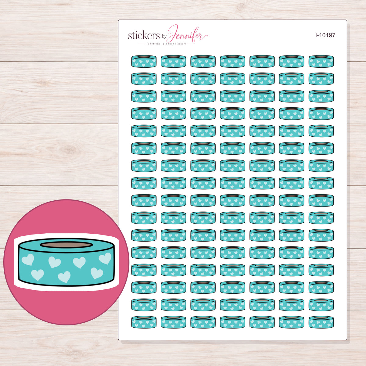 Teal Heart Washi Roll Planner Stickers | I-10197 — 5 × 7 inch sheet and enlarged sticker detail