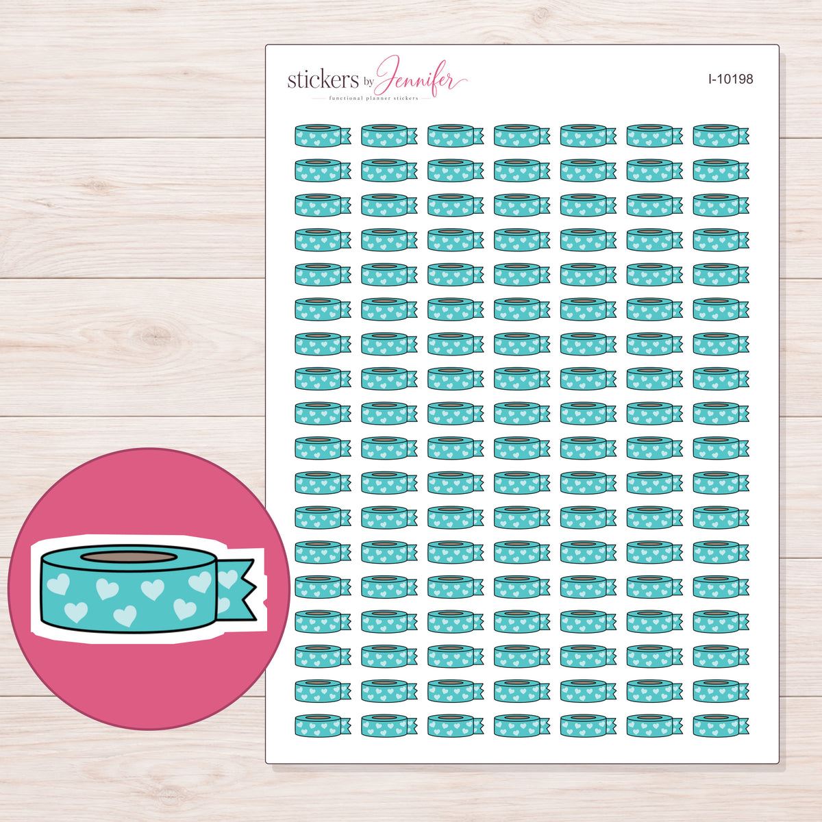 Teal Heart Washi with Loose End Planner Stickers | I-10198 — 5 × 7 inch sheet and enlarged sticker detail