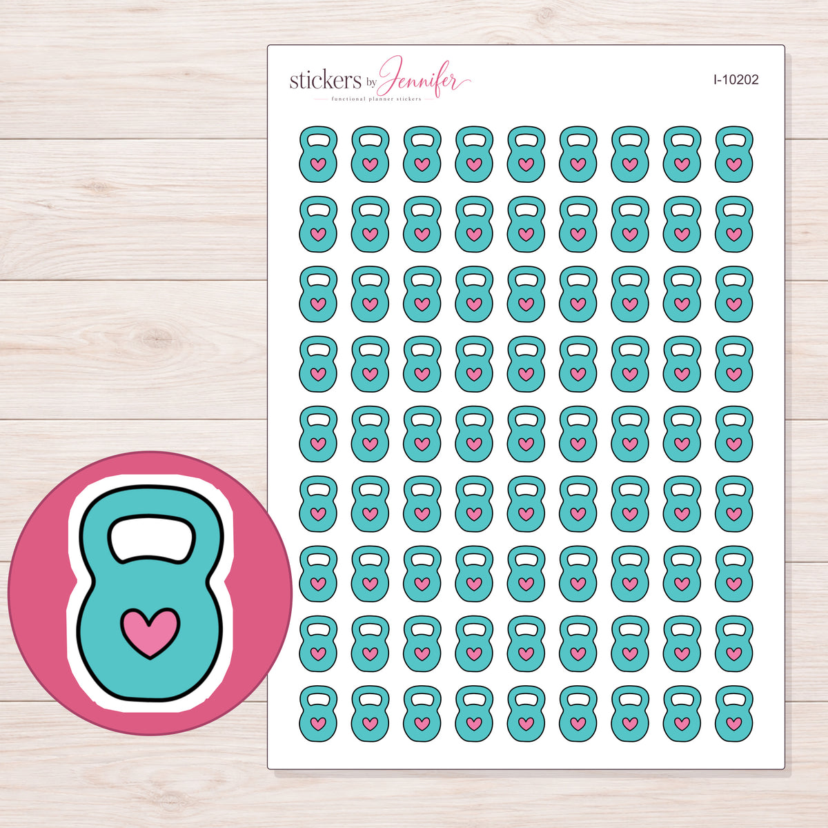 Teal Heart Kettlebell Planner Stickers | I-10202 — 5 × 7 inch sheet and enlarged sticker detail