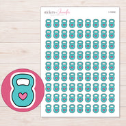 Teal Heart Kettlebell Planner Stickers | I-10202 — 5 × 7 inch sheet and enlarged sticker detail