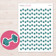 Teal Dumbbell Planner Stickers | I-10204 — 5 × 7 inch sheet and enlarged sticker detail