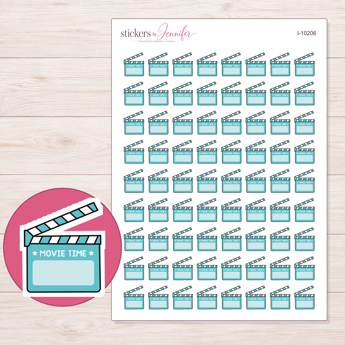 Teal Movie Time Clapperboard Planner Stickers | I-10206 — 5 × 7 inch sheet and enlarged sticker detail