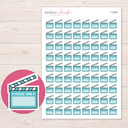 Teal Movie Time Clapperboard Planner Stickers | I-10206 — 5 × 7 inch sheet and enlarged sticker detail