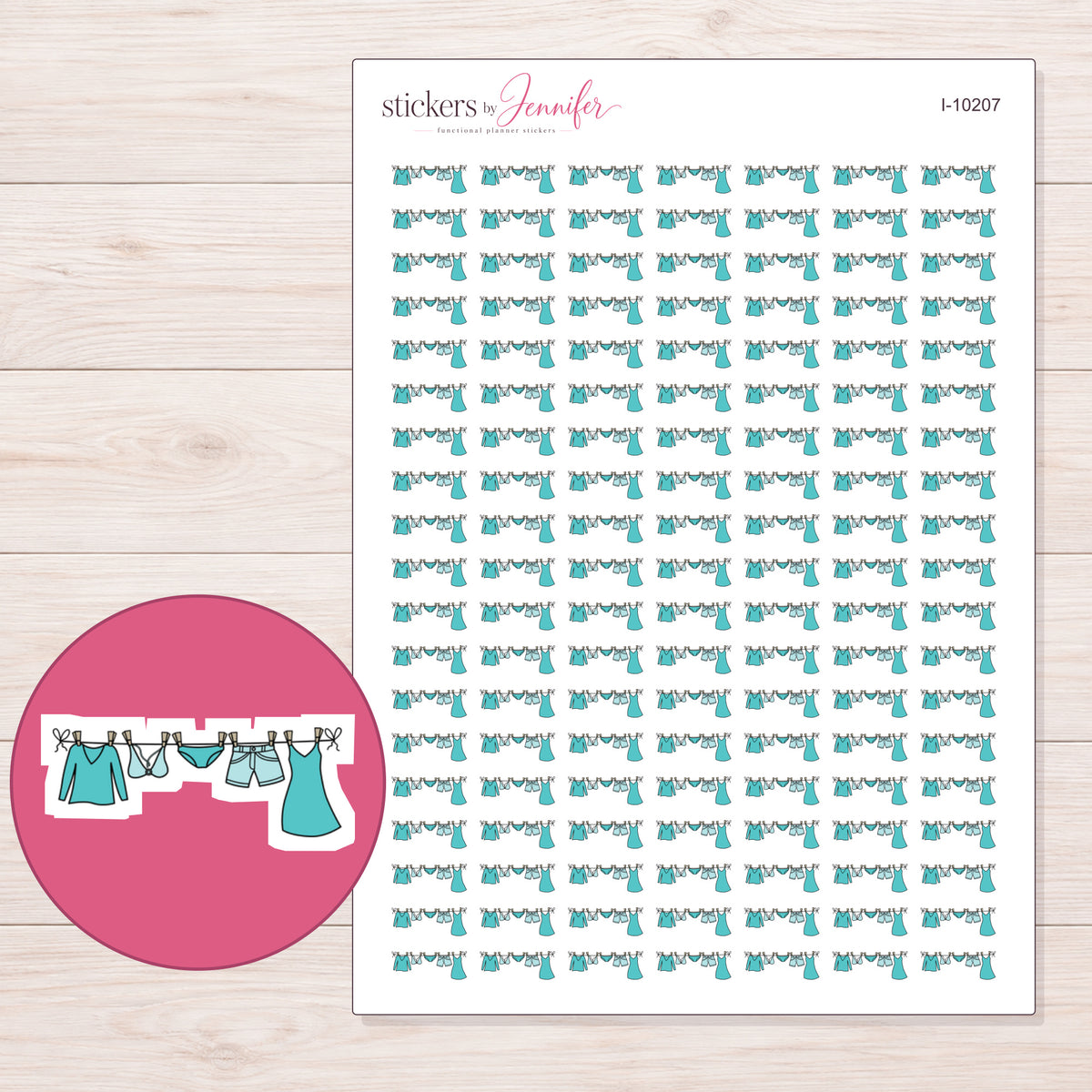 Teal Clothesline Planner Stickers | I-10207 — 5 × 7 inch sheet and enlarged sticker detail