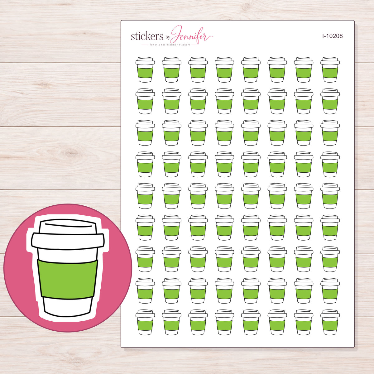 Green Sleeve Coffee Cup Planner Stickers | I-10208 — 5 × 7 inch sheet and enlarged sticker detail