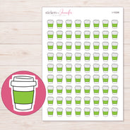 Green Sleeve Coffee Cup Planner Stickers | I-10208 — 5 × 7 inch sheet and enlarged sticker detail