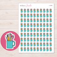 Teal Cup of Pencils Planner Stickers | I-10209 — 5 × 7 inch sheet and enlarged sticker detail