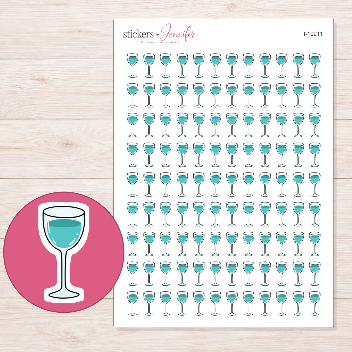 Teal Wine Glass Planner Stickers | I-10211 — 5 × 7 inch sheet and enlarged sticker detail