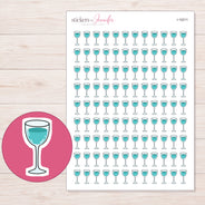 Teal Wine Glass Planner Stickers | I-10211 — 5 × 7 inch sheet and enlarged sticker detail