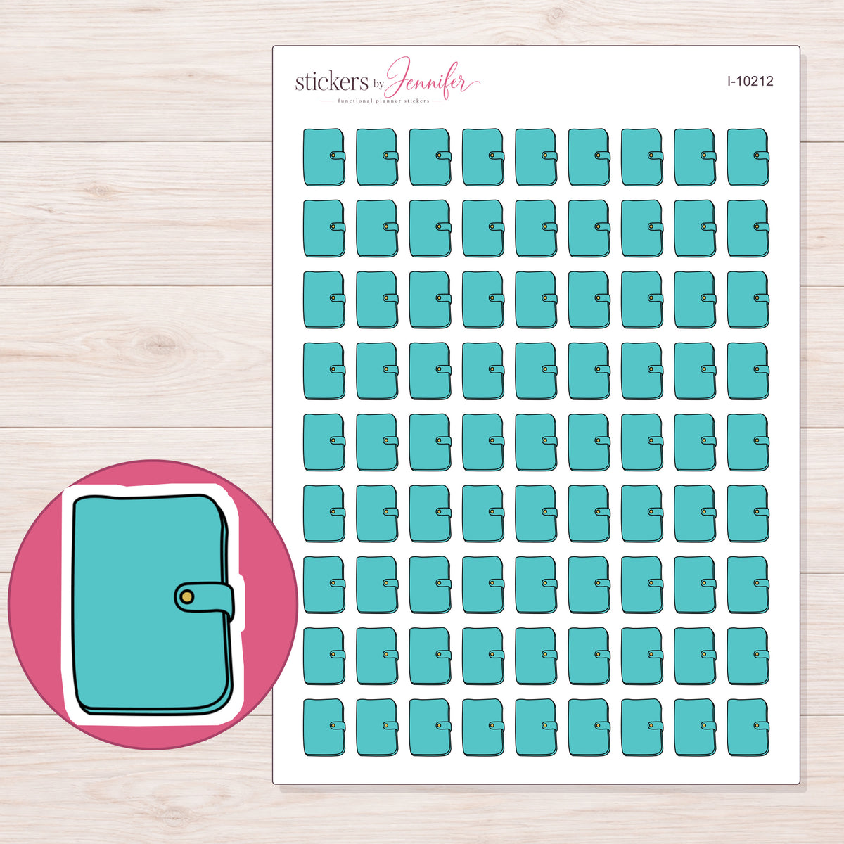 Teal Clasp Planner Stickers | I-10212 — 5 × 7 inch sheet and enlarged sticker detail