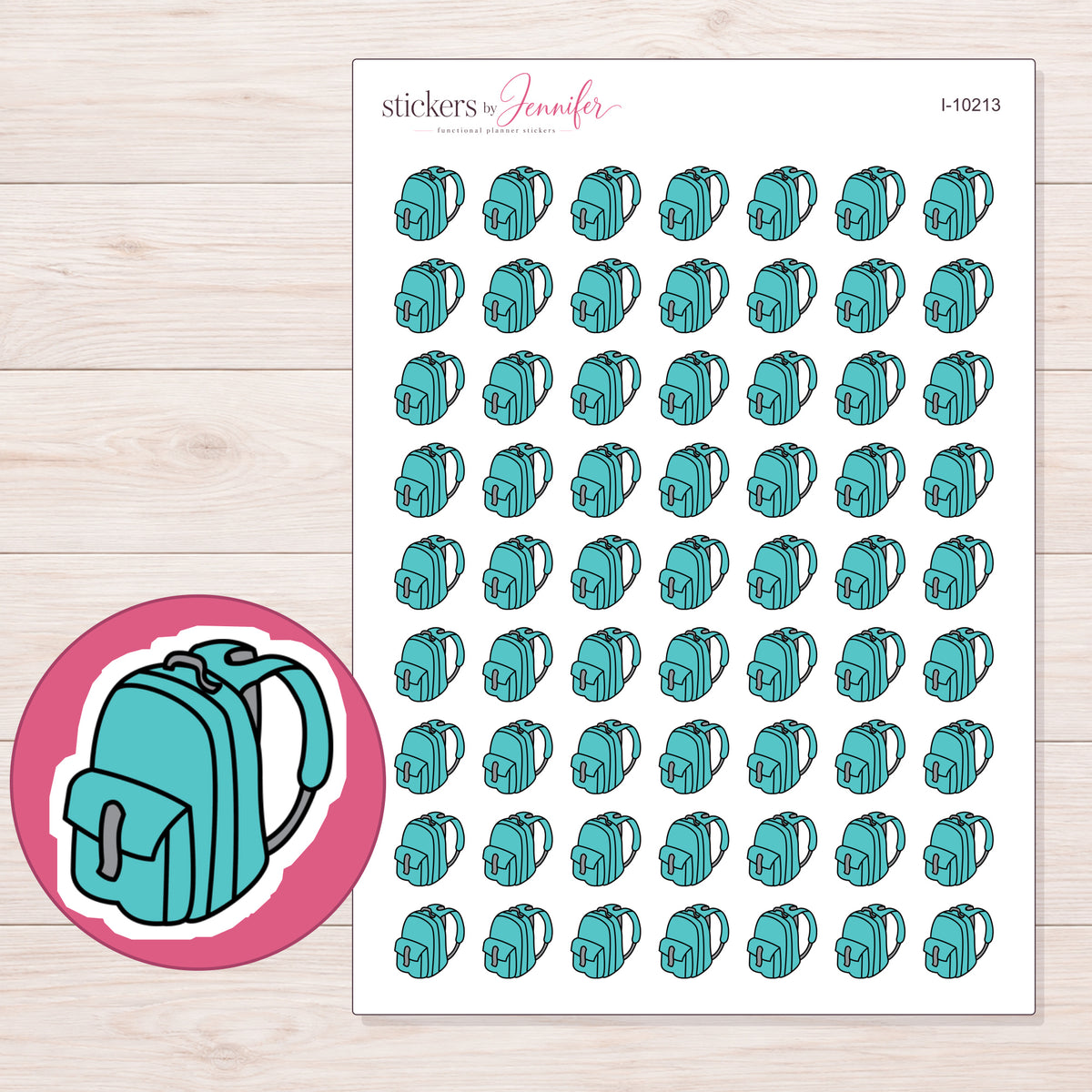 Teal School Backpack Planner Stickers | I-10213 — 5 × 7 inch sheet and enlarged sticker detail
