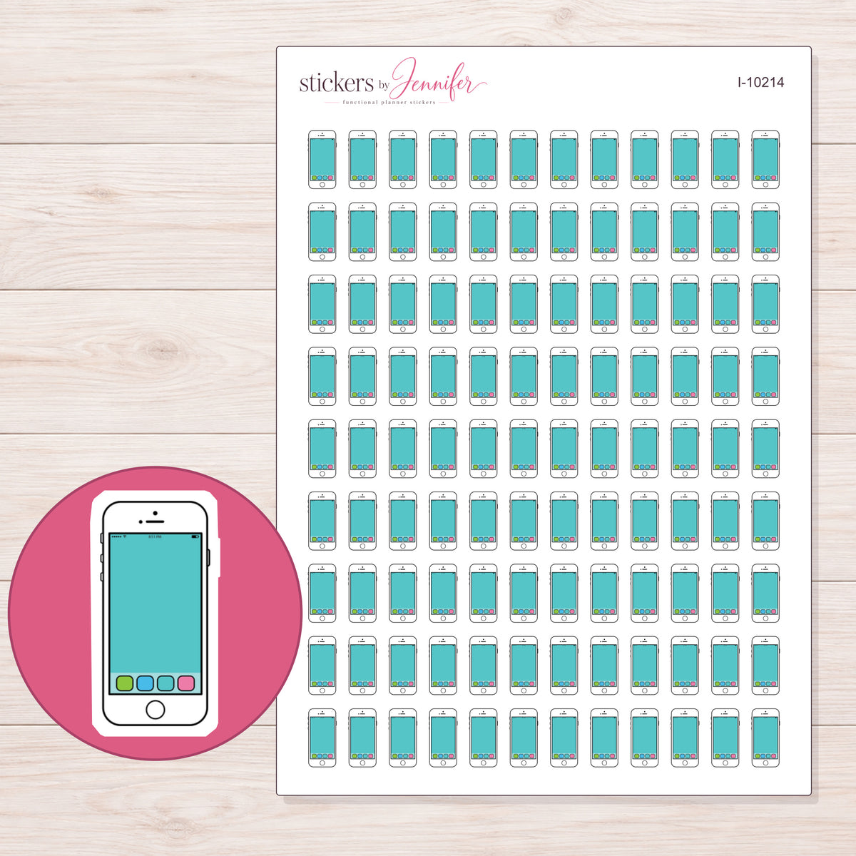 White Smartphone with Teal Screen Planner Stickers | I-10214 — 5 × 7 inch sheet and enlarged sticker detail