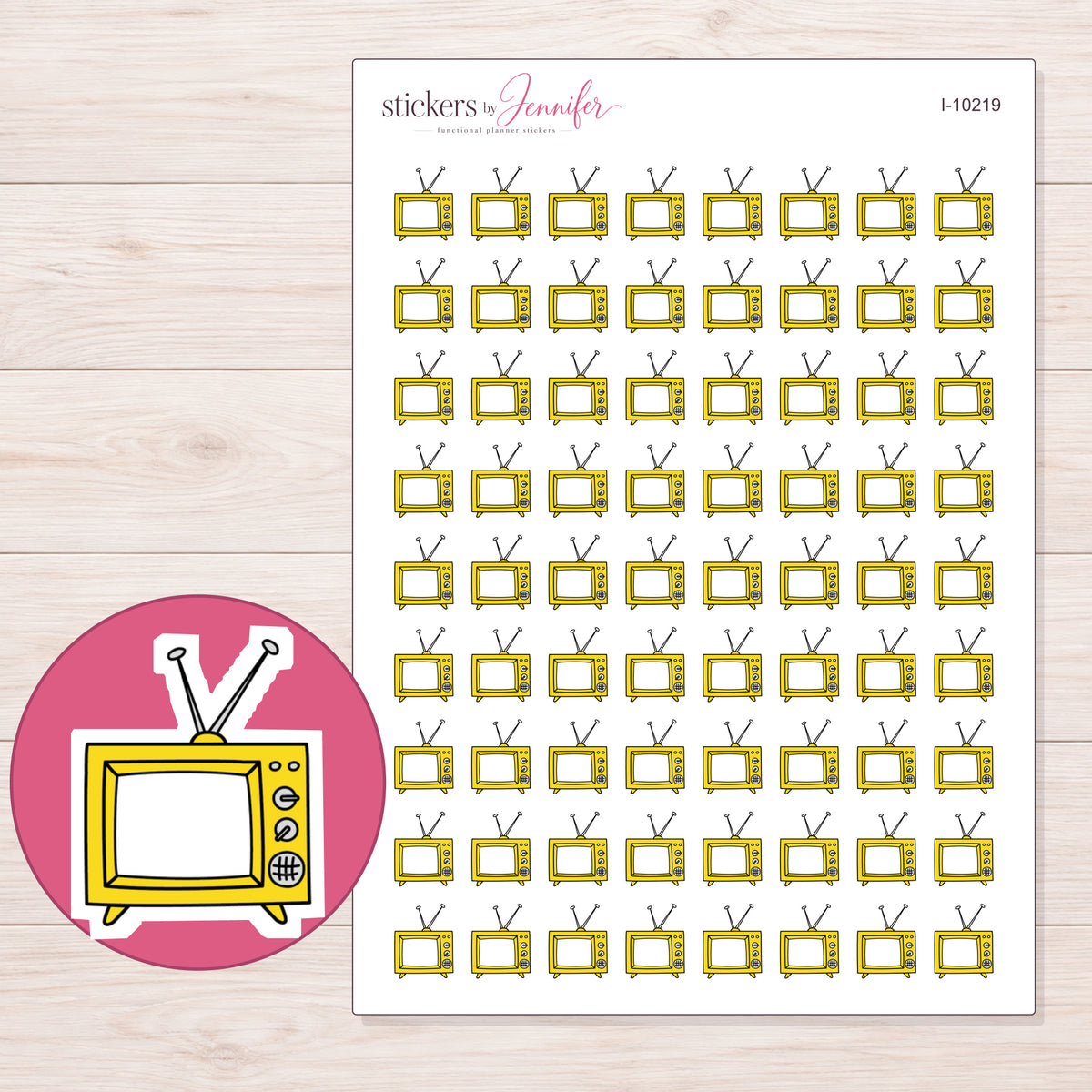 Yellow Retro Television Planner Stickers | I-10219 — 5 × 7 inch sheet and enlarged sticker detail