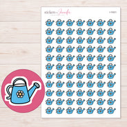Blue Flower Watering Can Planner Stickers | I-10221 — 5 × 7 inch sheet and enlarged sticker detail