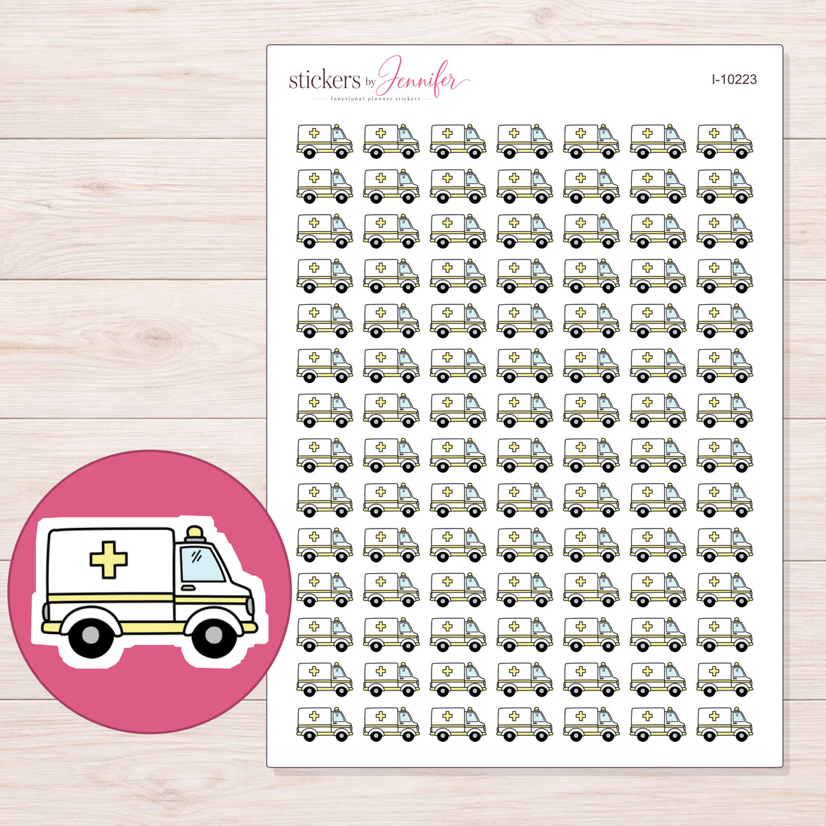 Yellow Accent Ambulance Planner Stickers | I-10223 — 5 × 7 inch sheet and enlarged sticker detail
