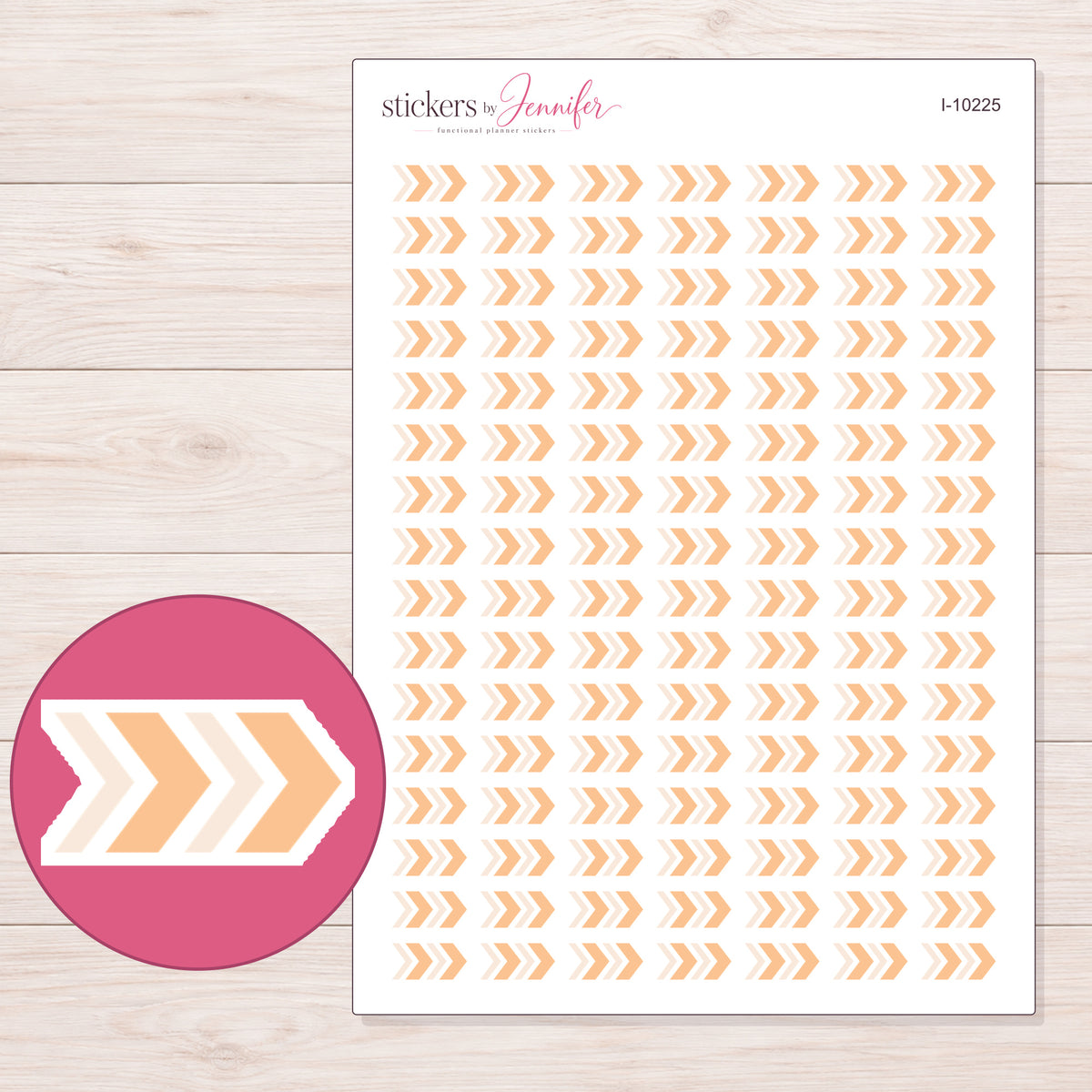 Peach Chevron Arrows Planner Stickers | I-10225 — 5 × 7 inch sheet and enlarged sticker detail