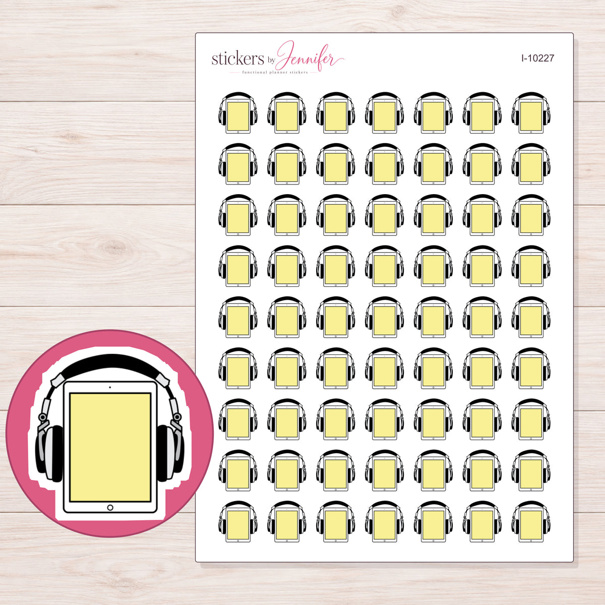 Yellow Audiobook Player Planner Stickers | I-10227 — 5 × 7 inch sheet and enlarged sticker detail