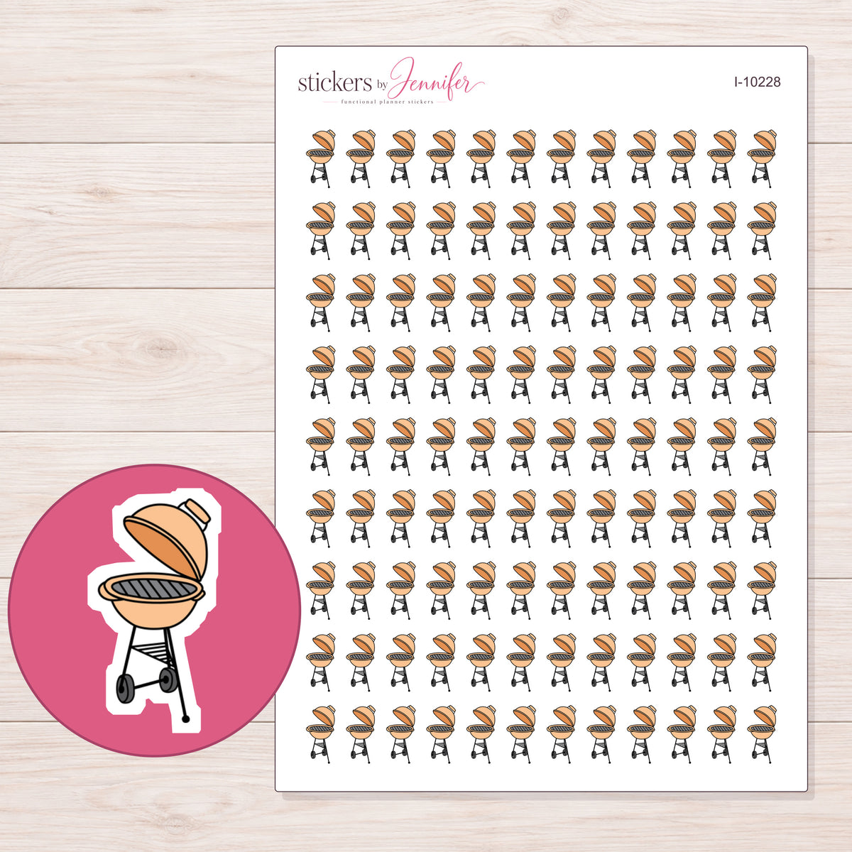 Peach Barbecue Grill Planner Stickers | I-10228 — 5 × 7 inch sheet and enlarged sticker detail