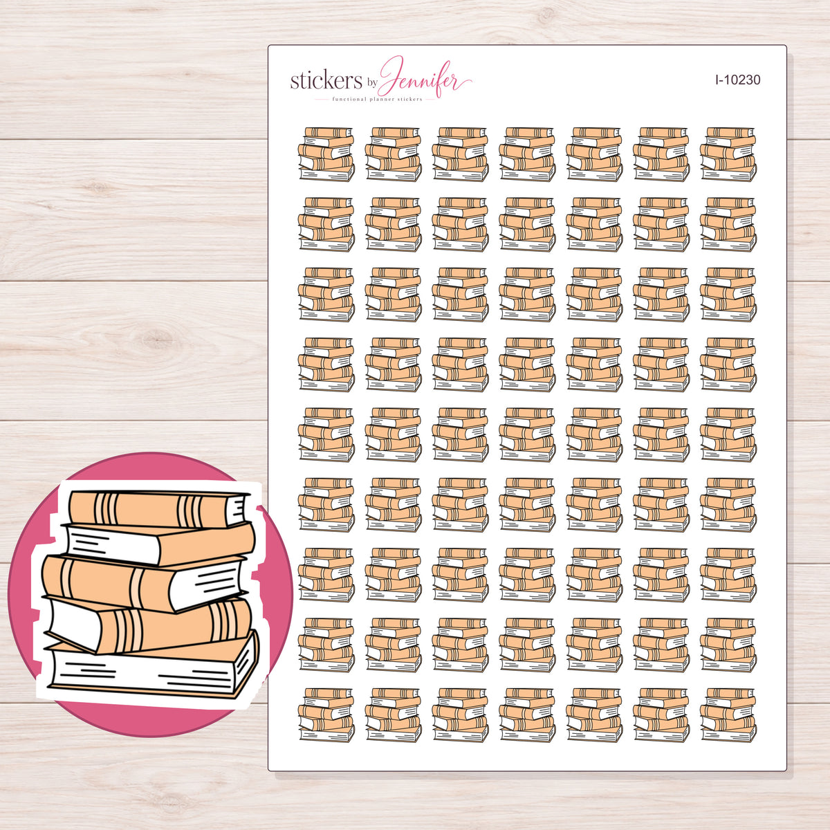 Peach Stack of Books Planner Stickers | I-10230 — 5 × 7 inch sheet and enlarged sticker detail