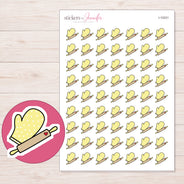 Yellow Oven Mitt and Rolling Pin Planner Stickers | I-10231 — 5 × 7 inch sheet and enlarged sticker detail