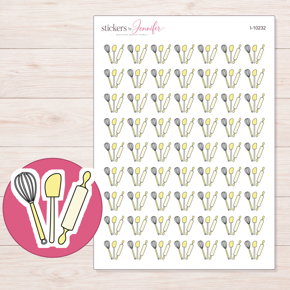 Yellow Baking Utensils Planner Stickers | I-10232 — 5 × 7 inch sheet and enlarged sticker detail