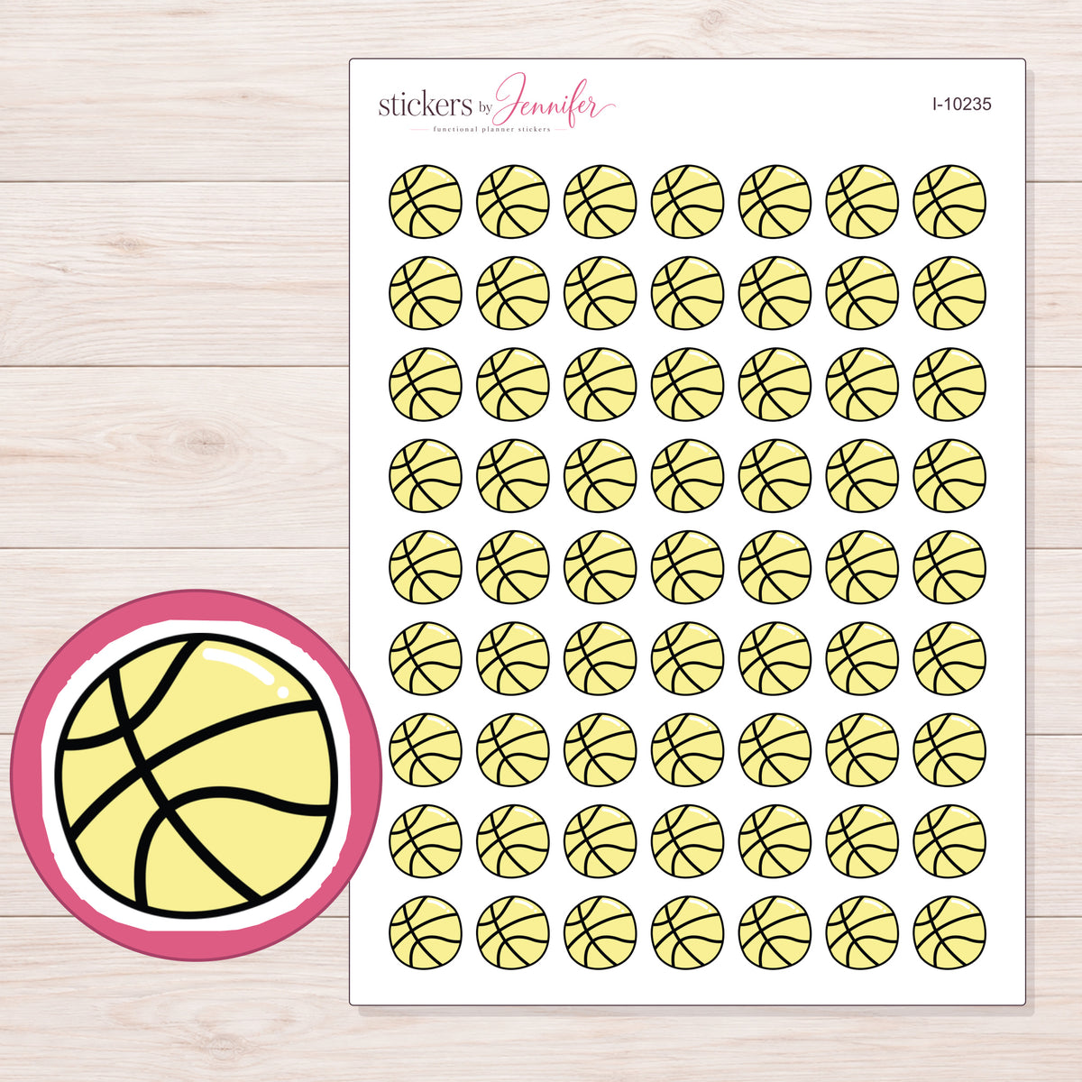 Yellow Basketball Planner Stickers | I-10235 — 5 × 7 inch sheet and enlarged sticker detail