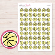 Yellow Basketball Planner Stickers | I-10235 — 5 × 7 inch sheet and enlarged sticker detail